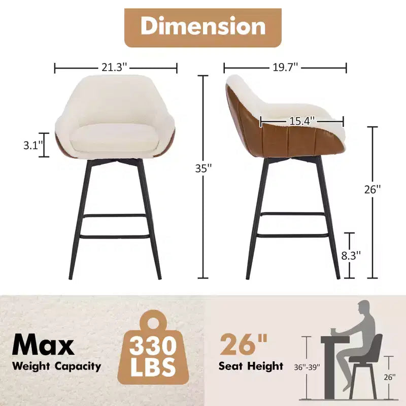 Lot de 2 tabourets de bar à hauteur de comptoir avec dossiers et accoudoirs, pivotants à 360° pour bars à domicile et pubs