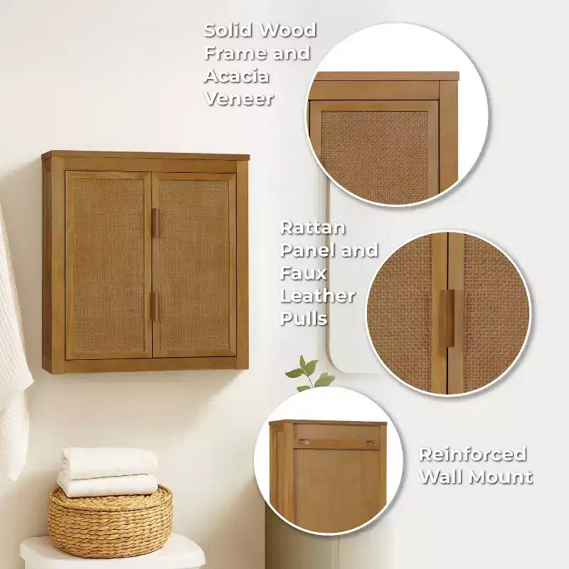 Meuble Haut de Salle de Bain 2 Portes avec Accents en Bois Massif et Rotin Naturel Hatteras Modern Boho - Teamson Home