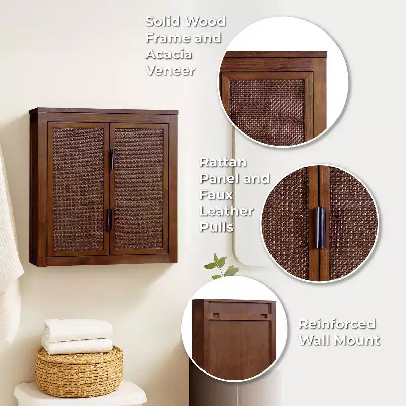 Meuble Haut de Salle de Bain 2 Portes avec Accents en Bois Massif et Rotin Naturel Hatteras Modern Boho - Teamson Home