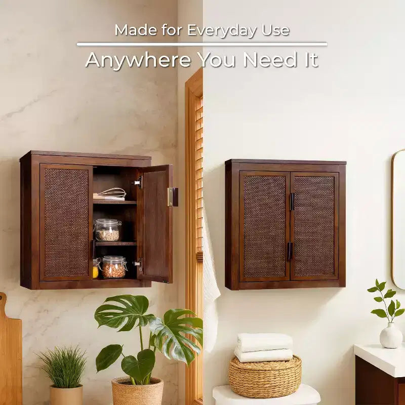 Meuble Haut de Salle de Bain 2 Portes avec Accents en Bois Massif et Rotin Naturel Hatteras Modern Boho - Teamson Home