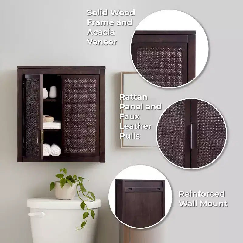 Meuble Haut de Salle de Bain 2 Portes avec Accents en Bois Massif et Rotin Naturel Hatteras Modern Boho - Teamson Home