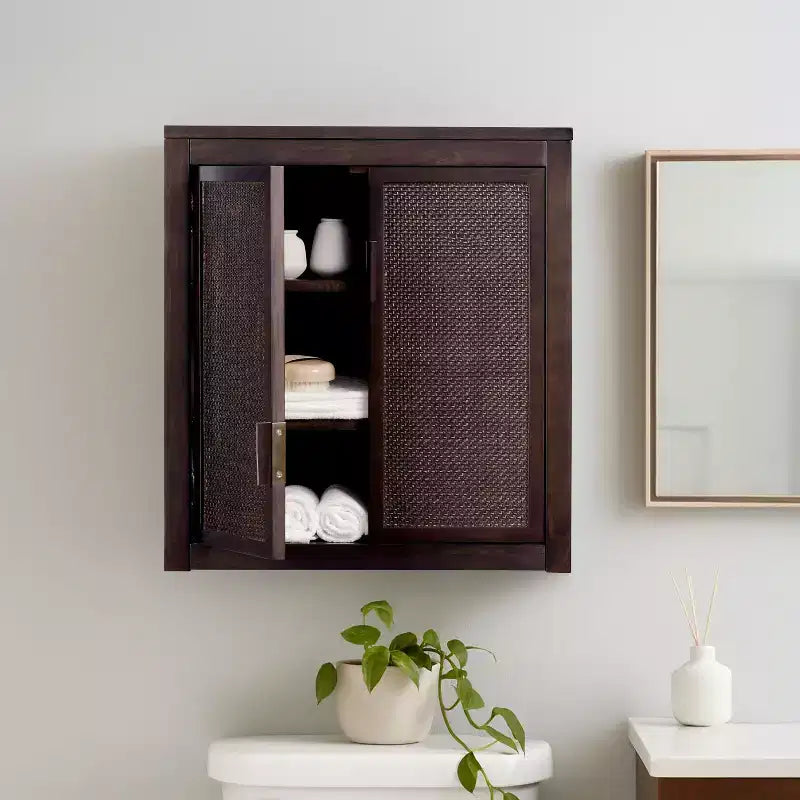 Hatteras Modern Boho 2-Door Wall Cabinet with Solid Wood & Natural Rattan Accents-Teamson Home