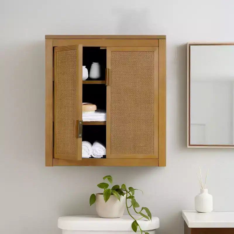 Meuble Haut de Salle de Bain 2 Portes avec Accents en Bois Massif et Rotin Naturel Hatteras Modern Boho - Teamson Home