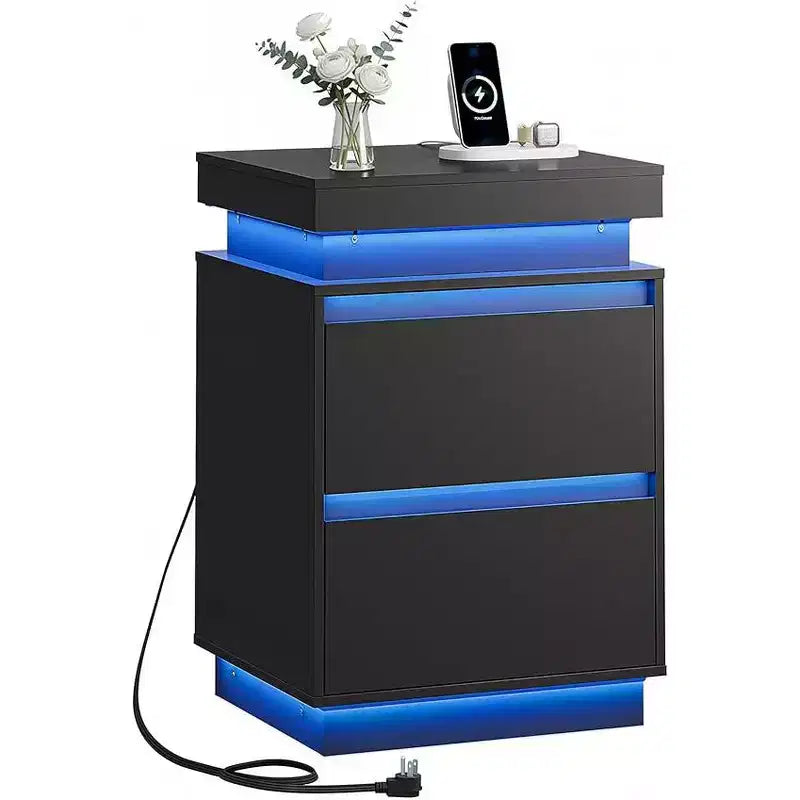Table de Chevet DEXYLLO à LED avec Station de Recharge - 2 Tiroirs en Bois et Plateau Coulissant, Table d'Appoint Moderne pour Chambre, Salon