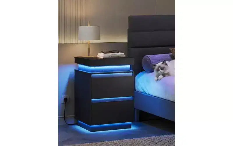 Table de Chevet DEXYLLO à LED avec Station de Recharge - 2 Tiroirs en Bois et Plateau Coulissant, Table d'Appoint Moderne pour Chambre, Salon