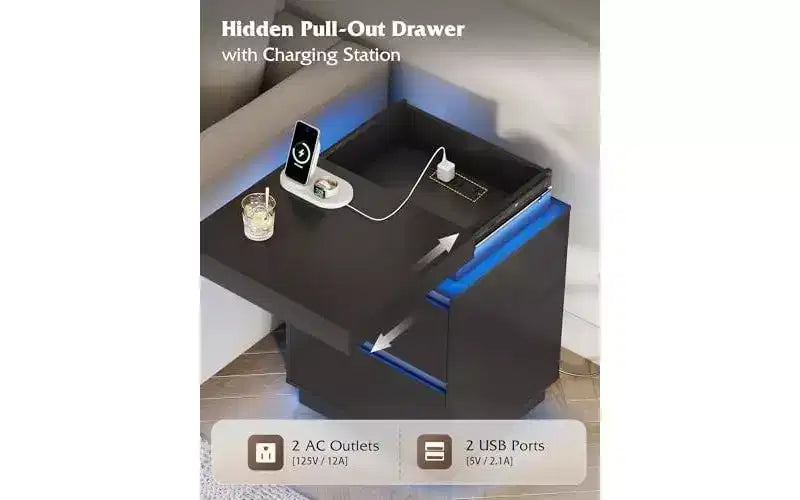 Table de Chevet DEXYLLO à LED avec Station de Recharge - 2 Tiroirs en Bois et Plateau Coulissant, Table d'Appoint Moderne pour Chambre, Salon