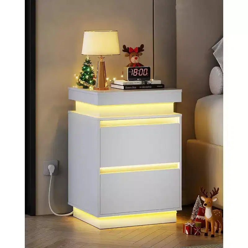 Table de Chevet DEXYLLO à LED avec Station de Recharge - 2 Tiroirs en Bois et Plateau Coulissant, Table d'Appoint Moderne pour Chambre, Salon