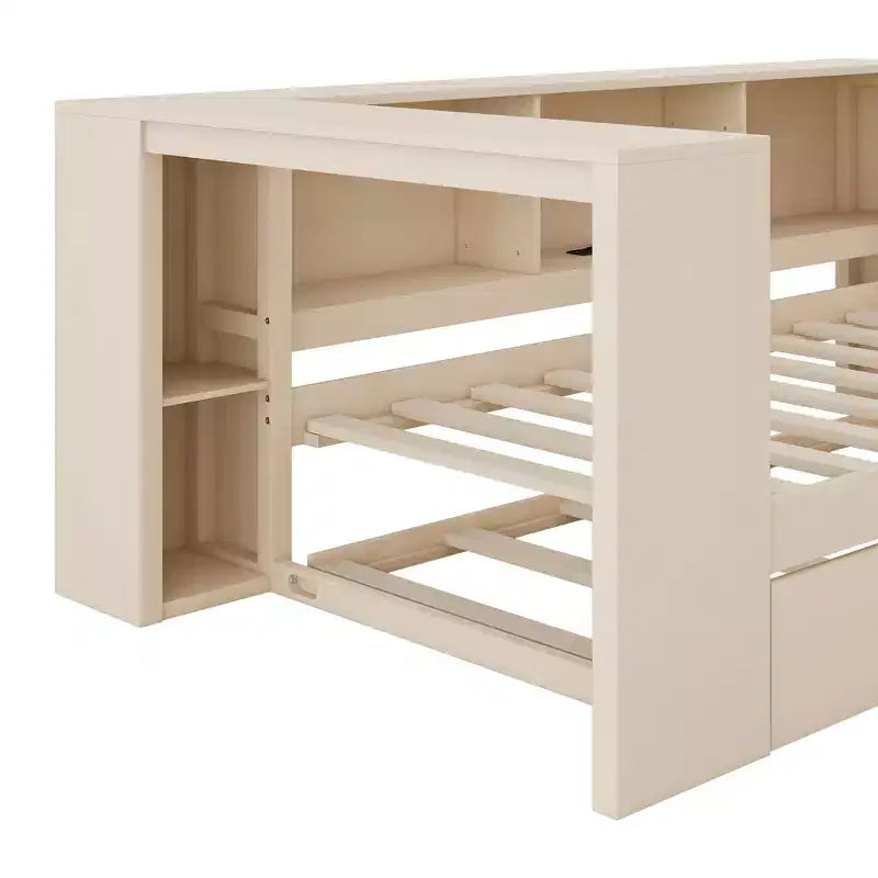 Lit de repos double avec étagères de rangement, lit gigogne, station de charge et tête de lit rembourrée - ModernLuxe