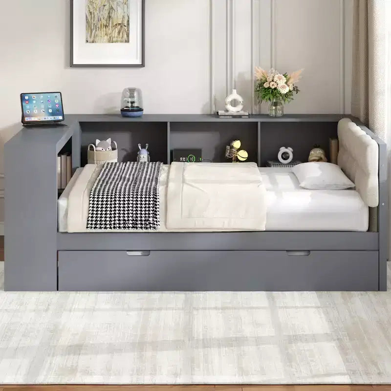 Lit de repos double avec étagères de rangement, lit gigogne, station de charge et tête de lit rembourrée - ModernLuxe
