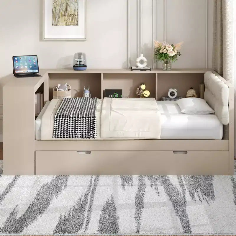 Lit de repos double avec étagères de rangement, lit gigogne, station de charge et tête de lit rembourrée - ModernLuxe