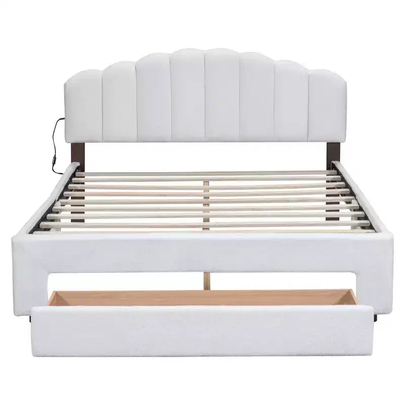 BELLEMAVE Upholstered Platform Bed, Teddy Fleece Wood Bed Frame with Drawer and USB Ports, for Bedroom, Easy Assembly, White