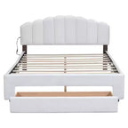 BELLEMAVE Upholstered Platform Bed, Teddy Fleece Wood Bed Frame with Drawer and USB Ports, for Bedroom, Easy Assembly, White