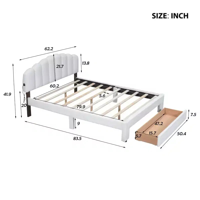 Lit Plateforme Rembourré BELLEMAVE, Cadre de Lit en Bois en Polaire Teddy avec Tiroir et Ports USB, pour Chambre, Montage Facile, Blanc