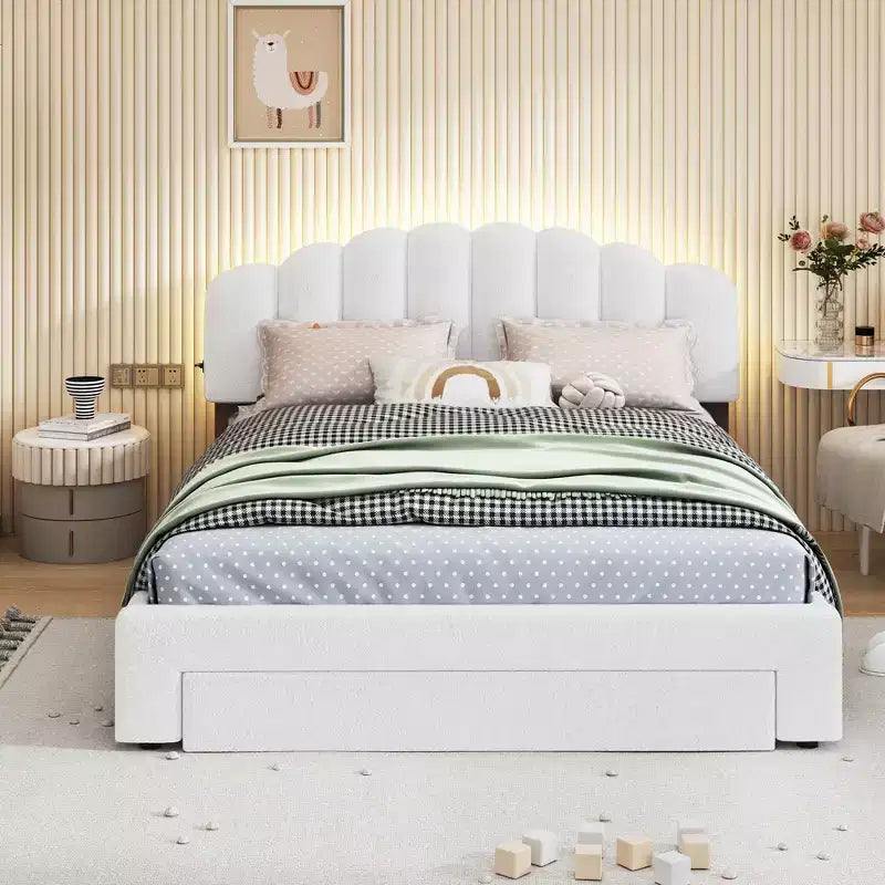 Lit Plateforme Rembourré BELLEMAVE, Cadre de Lit en Bois en Polaire Teddy avec Tiroir et Ports USB, pour Chambre, Montage Facile, Blanc