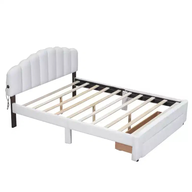 Lit Plateforme Rembourré BELLEMAVE, Cadre de Lit en Bois en Polaire Teddy avec Tiroir et Ports USB, pour Chambre, Montage Facile, Blanc