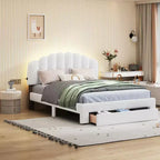 Lit Plateforme Rembourré BELLEMAVE, Cadre de Lit en Bois en Polaire Teddy avec Tiroir et Ports USB, pour Chambre, Montage Facile, Blanc