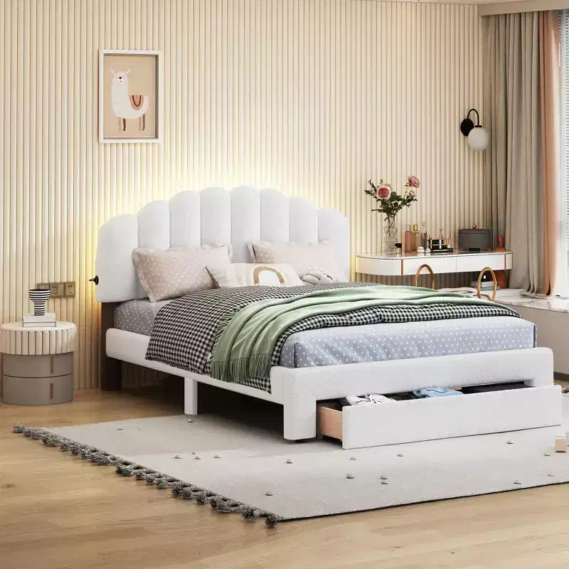 Lit Plateforme Rembourré BELLEMAVE, Cadre de Lit en Bois en Polaire Teddy avec Tiroir et Ports USB, pour Chambre, Montage Facile, Blanc