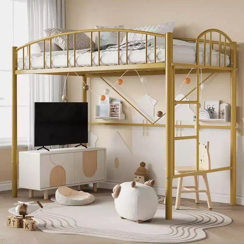 Lit superposé jumeau avec escalier et garde-corps arqué, lit plateforme en métal avec lattes solides, peu encombrant, silencieux, sans sommier tapissier, pour enfants et dortoirs