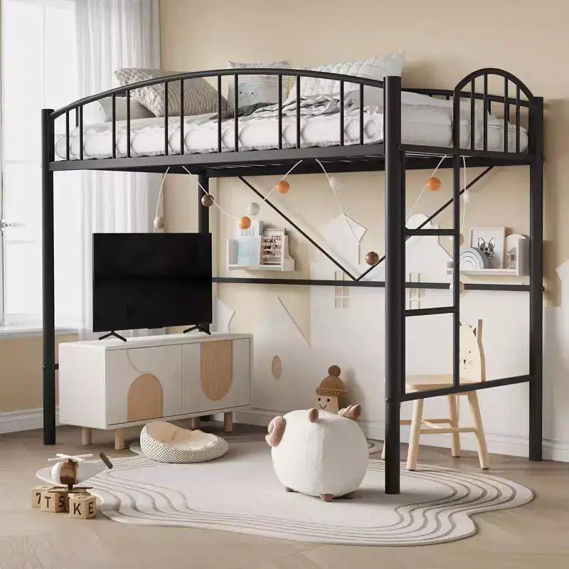 Lit superposé jumeau avec escalier et garde-corps arqué, lit plateforme en métal avec lattes solides, peu encombrant, silencieux, sans sommier tapissier, pour enfants et dortoirs