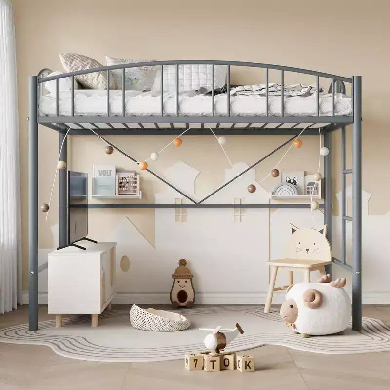 Lit superposé jumeau avec escalier et garde-corps arqué, lit plateforme en métal avec lattes solides, peu encombrant, silencieux, sans sommier tapissier, pour enfants et dortoirs
