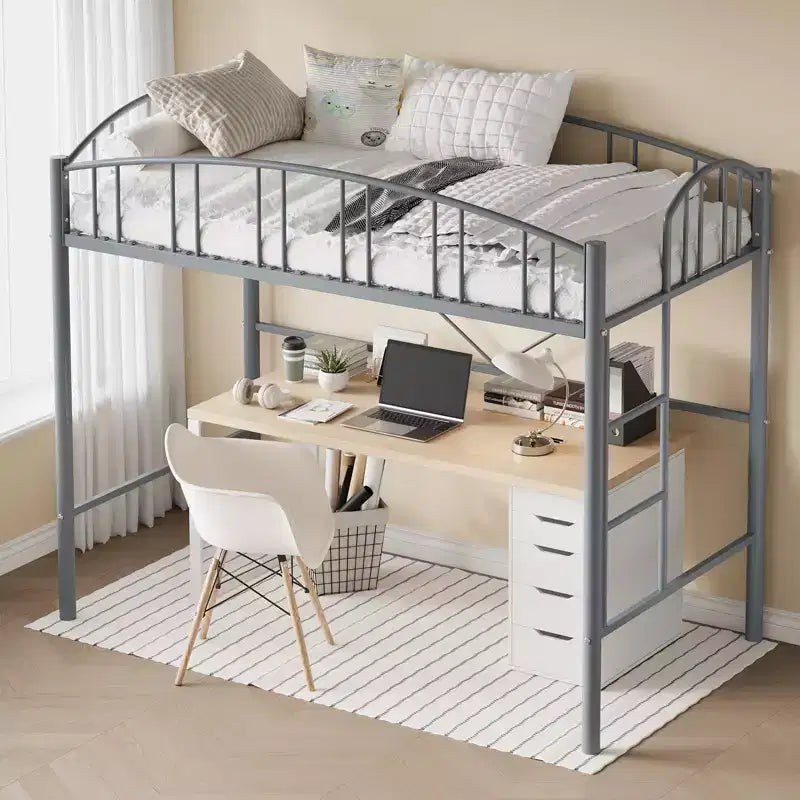 Lit superposé jumeau avec escalier et garde-corps arqué, lit plateforme en métal avec lattes solides, peu encombrant, silencieux, sans sommier tapissier, pour enfants et dortoirs