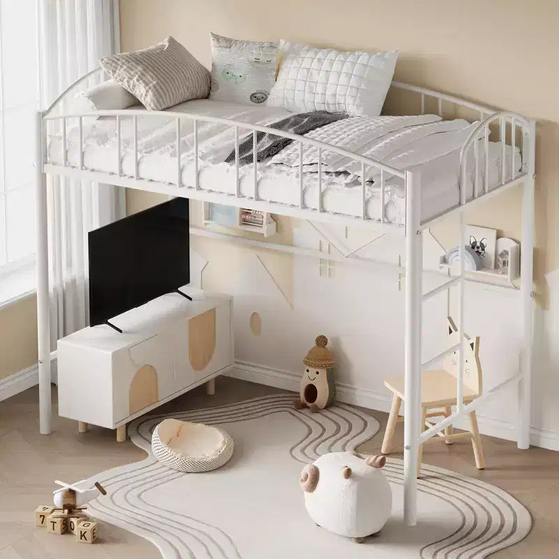 Lit superposé jumeau avec escalier et garde-corps arqué, lit plateforme en métal avec lattes solides, peu encombrant, silencieux, sans sommier tapissier, pour enfants et dortoirs