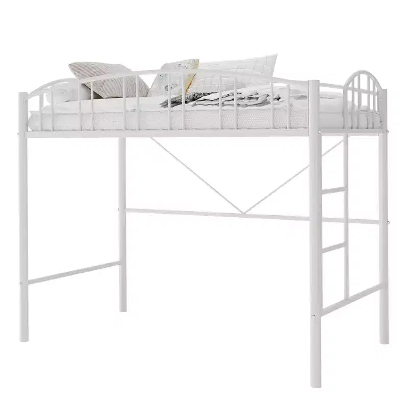 Lit superposé jumeau avec escalier et garde-corps arqué, lit plateforme en métal avec lattes solides, peu encombrant, silencieux, sans sommier tapissier, pour enfants et dortoirs