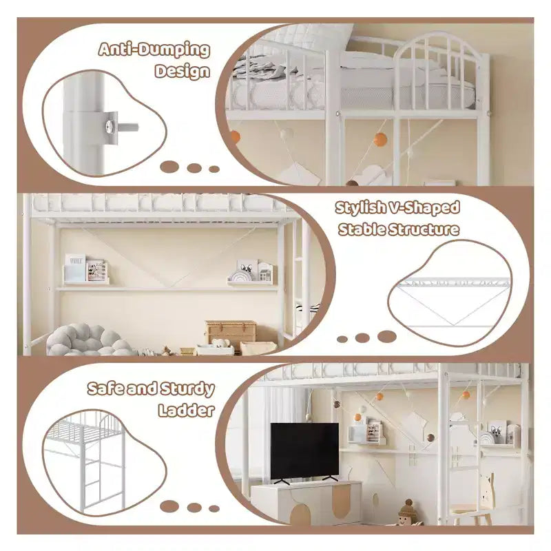Lit superposé jumeau avec escalier et garde-corps arqué, lit plateforme en métal avec lattes solides, peu encombrant, silencieux, sans sommier tapissier, pour enfants et dortoirs