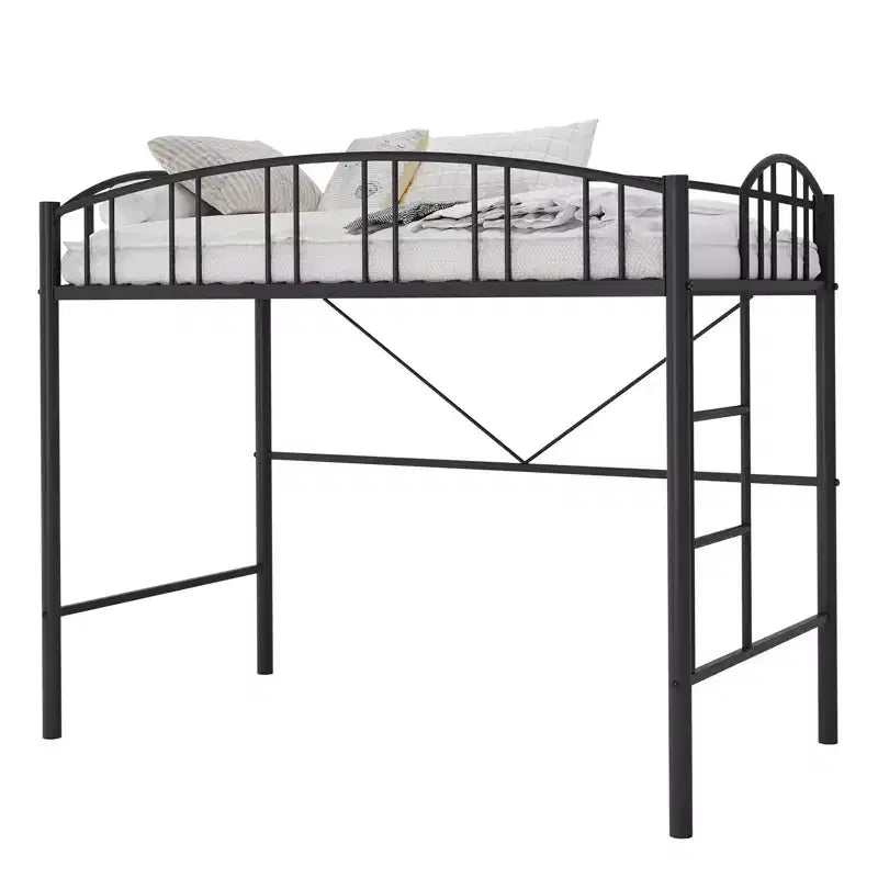 Lit superposé jumeau avec escalier et garde-corps arqué, lit plateforme en métal avec lattes solides, peu encombrant, silencieux, sans sommier tapissier, pour enfants et dortoirs