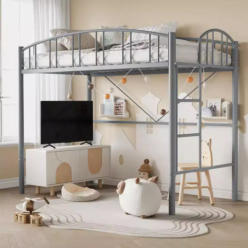 Lit superposé jumeau avec escalier et garde-corps arqué, lit plateforme en métal avec lattes solides, peu encombrant, silencieux, sans sommier tapissier, pour enfants et dortoirs