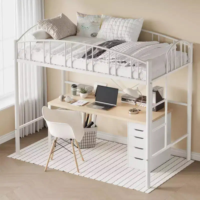 Lit superposé jumeau avec escalier et garde-corps arqué, lit plateforme en métal avec lattes solides, peu encombrant, silencieux, sans sommier tapissier, pour enfants et dortoirs