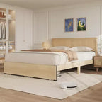Queen Platform Bed Frame, Queen Size Bed Frame with Natural Rattan Headboard, Cane Bed Frame with 2 Storage Drawers and Strong Wood Slats Support