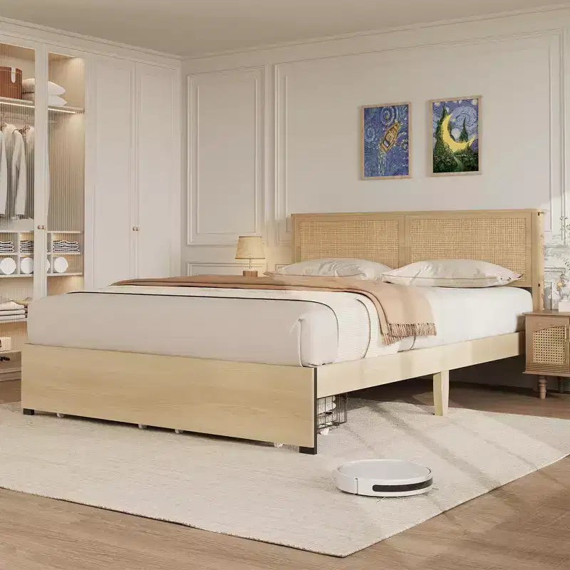 Queen Platform Bed Frame, Queen Size Bed Frame with Natural Rattan Headboard, Cane Bed Frame with 2 Storage Drawers and Strong Wood Slats Support