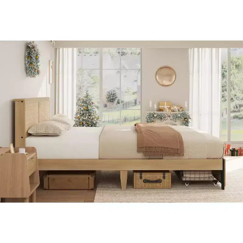 Cadre de lit plateforme Queen, cadre de lit queen size avec tête de lit en rotin naturel, cadre de lit en cannage avec 2 tiroirs de rangement et support à lattes en bois solide