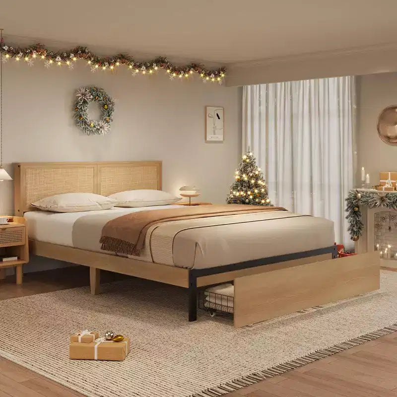 Cadre de lit plateforme Queen, cadre de lit queen size avec tête de lit en rotin naturel, cadre de lit en cannage avec 2 tiroirs de rangement et support à lattes en bois solide