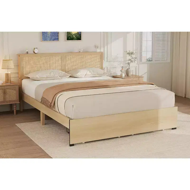Cadre de lit plateforme Queen, cadre de lit queen size avec tête de lit en rotin naturel, cadre de lit en cannage avec 2 tiroirs de rangement et support à lattes en bois solide