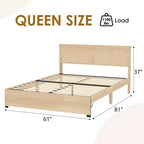Cadre de lit plateforme Queen, cadre de lit queen size avec tête de lit en rotin naturel, cadre de lit en cannage avec 2 tiroirs de rangement et support à lattes en bois solide