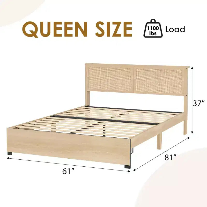 Cadre de lit plateforme Queen, cadre de lit queen size avec tête de lit en rotin naturel, cadre de lit en cannage avec 2 tiroirs de rangement et support à lattes en bois solide