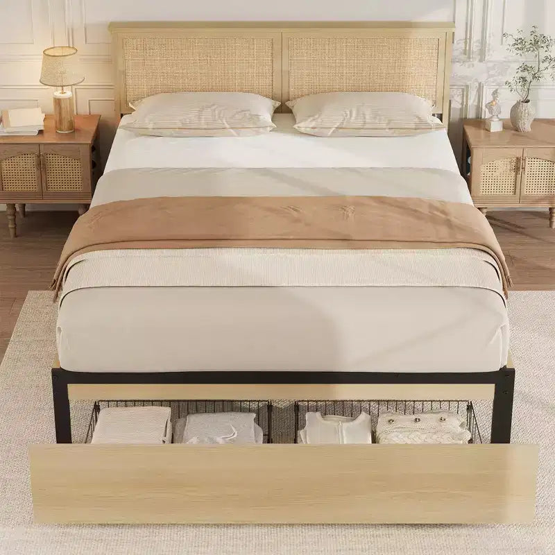 Cadre de lit plateforme Queen, cadre de lit queen size avec tête de lit en rotin naturel, cadre de lit en cannage avec 2 tiroirs de rangement et support à lattes en bois solide