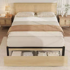 Cadre de lit plateforme Queen, cadre de lit queen size avec tête de lit en rotin naturel, cadre de lit en cannage avec 2 tiroirs de rangement et support à lattes en bois solide