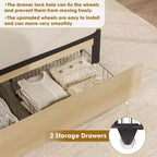 Cadre de lit plateforme Queen, cadre de lit queen size avec tête de lit en rotin naturel, cadre de lit en cannage avec 2 tiroirs de rangement et support à lattes en bois solide