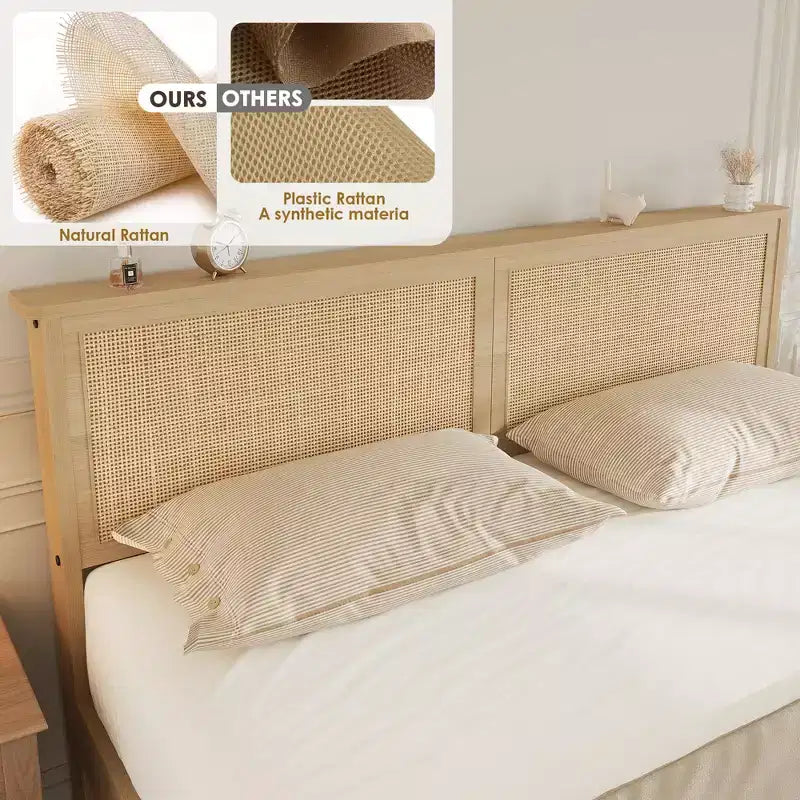 Cadre de lit plateforme Queen, cadre de lit queen size avec tête de lit en rotin naturel, cadre de lit en cannage avec 2 tiroirs de rangement et support à lattes en bois solide