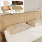 Cadre de lit plateforme Queen, cadre de lit queen size avec tête de lit en rotin naturel, cadre de lit en cannage avec 2 tiroirs de rangement et support à lattes en bois solide