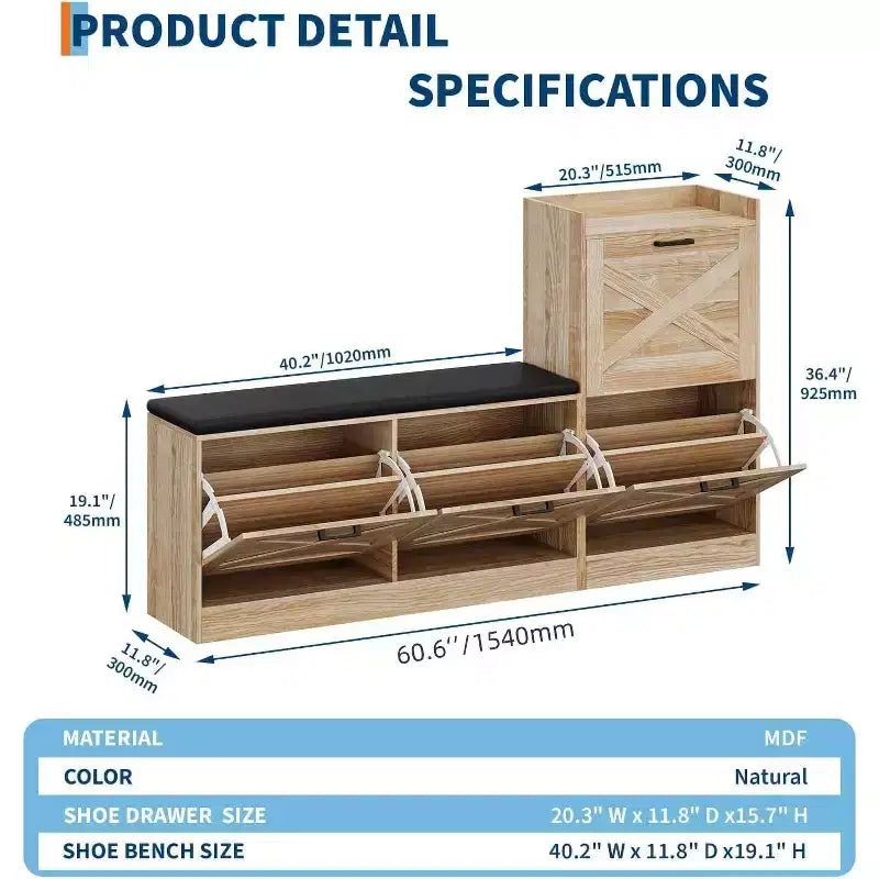 Banc de Rangement à Chaussures COZONY avec Tiroirs Basculants, Banc d'Entrée Rembourré, Meuble à Chaussures Étroit et Discret pour Couloir et Salon