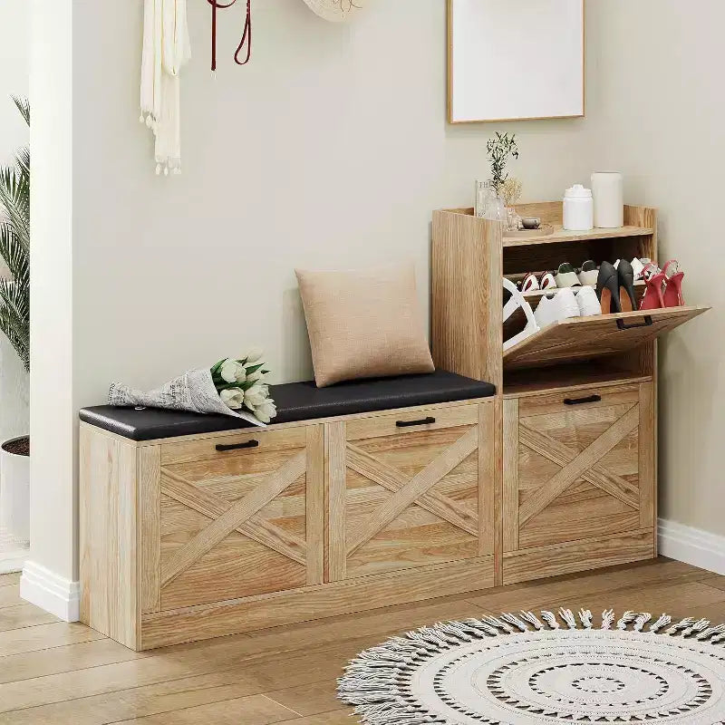 Banc de Rangement à Chaussures COZONY avec Tiroirs Basculants, Banc d'Entrée Rembourré, Meuble à Chaussures Étroit et Discret pour Couloir et Salon