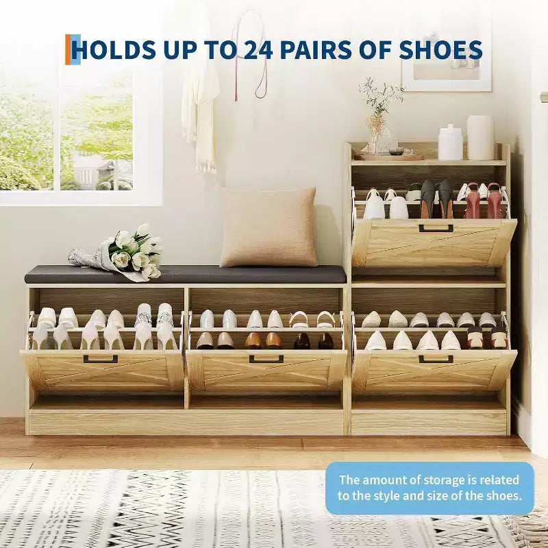 Banc de Rangement à Chaussures COZONY avec Tiroirs Basculants, Banc d'Entrée Rembourré, Meuble à Chaussures Étroit et Discret pour Couloir et Salon