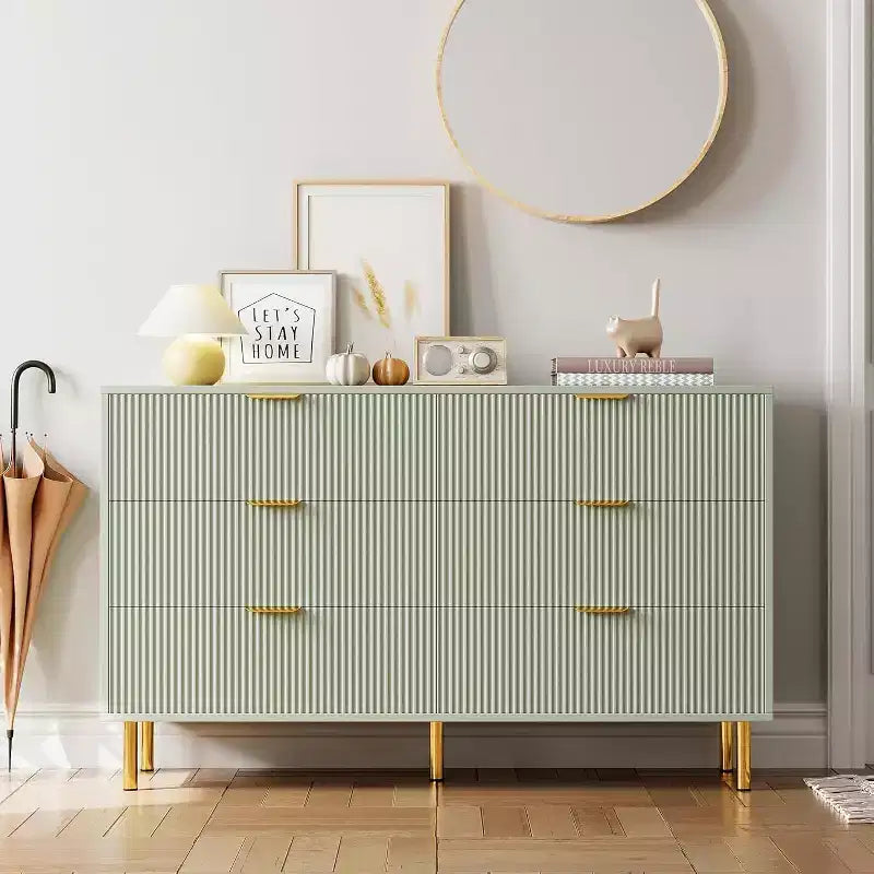 COZONY Commode 6 tiroirs avec poignées dorées, meuble de rangement moderne en bois, grande commode pour chambre à coucher et salon
