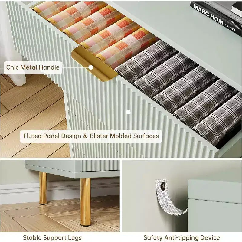 COZONY Commode 6 tiroirs avec poignées dorées, meuble de rangement moderne en bois, grande commode pour chambre à coucher et salon