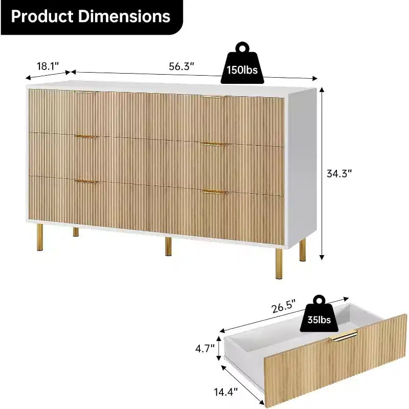 COZONY Commode 6 tiroirs avec poignées dorées, meuble de rangement moderne en bois, grande commode pour chambre à coucher et salon