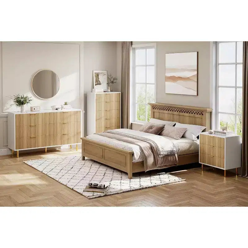 COZONY Commode 6 tiroirs avec poignées dorées, meuble de rangement moderne en bois, grande commode pour chambre à coucher et salon